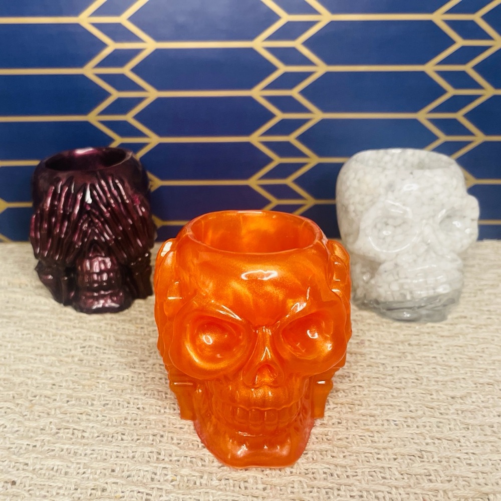 Handcrafted Set of 3 See/Hear/Speak No Evil Resin Skull Candle Holders / Jars